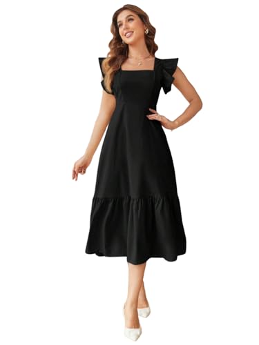 Anni Designer WomenS Rayon Solid Waist Ruffled Strap Square Neck Smocked Maxi Dress (Fulki Black-Vks03_L_Black_Large)