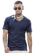 ADRO Mens V Neck Solid Cotton T-Shirt (VN-M-PLN-NB_Navy_2XL)