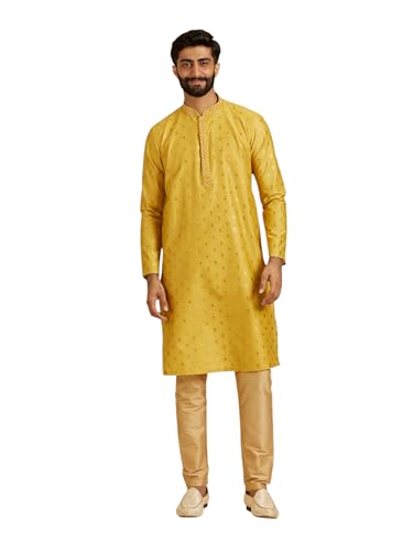 Manyavar MenS Art Silk Ethnic Motifs Foil Print Kurta Pyjama Set (Yellow,M)