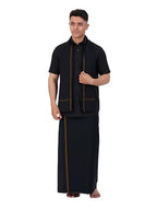 Prakasam Cotton Mens Single Small Border (1.28X2.00 Mtrs) Black Dhoti + Readymade Half Sleeve Shirt + Black Small Border Towel