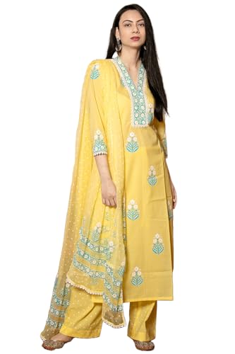 GoSriKi Womens Cotton Blend Straight Hand Block Printed Kurta with Pant & Dupatta (Belagavi Mustard-GS_XXL_Mustard_XX-Large)