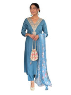 Toochki Women'S Aqua Blue Viscose Rayon Straight Embroidered Kurti And Palazzo & Printed Dupatta Set