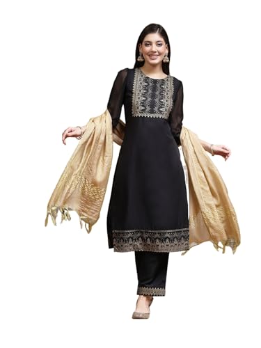 Sanisa Women'S Rayon Blend & Georgette Foil Printed Straight Kurta With Pant And Plain Dupatta (114Kbd1244Nz-Xl_Black)
