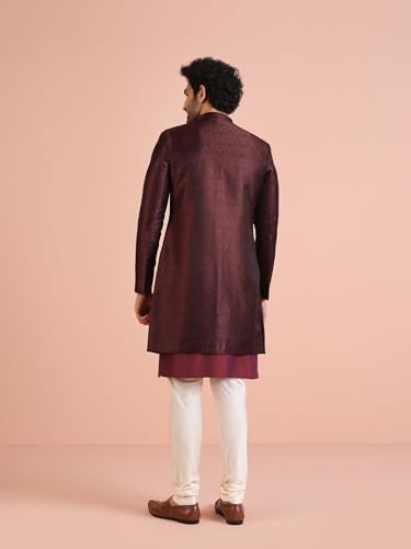 Kisah MenS Maroon Indo-Western Kurta Sherwani Churidar Set Cotton Full Sleaves, Knee Length, Straight, Regular Fit, Mandarin Co