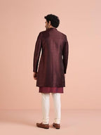 Kisah MenS Maroon Indo-Western Kurta Sherwani Churidar Set Cotton Full Sleaves, Knee Length, Straight, Regular Fit, Mandarin Co