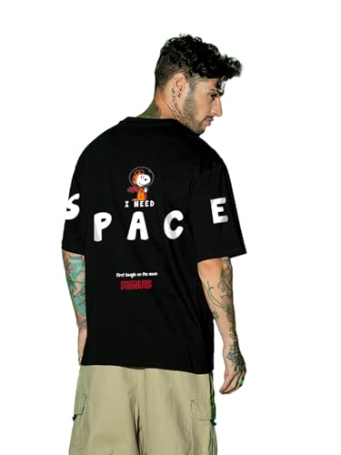 Bewakoof Official Peanuts Merchandise MenS Graphic Print Oversized Fit Half Sleeve Round Neck Cotton T-Shirt_630667_Black_Xl