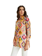 Leriya Fashion Womens Rayon Ikat Printed Casual Shirt Tops for Women Long Cuff Sleeves Collared Neck Button Down Tunic for Outi