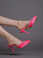 Shoetopia WomenS Pink Elegant Ivory Satin Mule Heels With Crystal Bow  Pointed Toe Slip-On Dress Rhinestone For Party Or Evenin