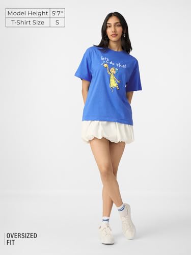 The Souled Store Inside Out: Joy Women and Girls Short Sleeves Round Neck Blue Graphic Printed Cotton Oversized T-Shirts