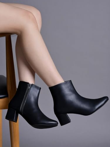 Shoetopai WomenS Black Ankle Boots  Faux Leather Pointed Toe Booties With Side Zip & Mid Block Heel For Work, Party & Everyday