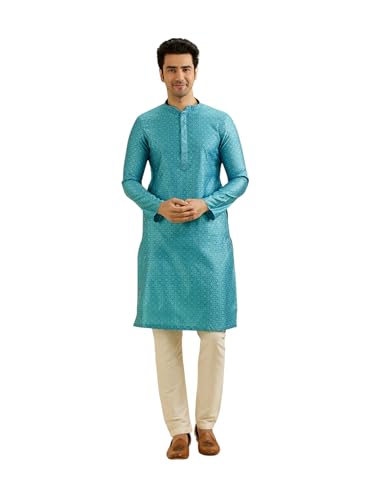 Manyavar MenS Art Silk Embroidered Jacquard Kurta Set (Light Blue,Xxl)