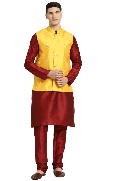 SOJANYA (Since 1958 Mens Silk Blend Maroon Kurta & Churidaar Pyjama With Mirror Work Nehrujacket Set