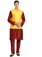 SOJANYA (Since 1958 Mens Silk Blend Maroon Kurta & Churidaar Pyjama With Mirror Work Nehrujacket Set