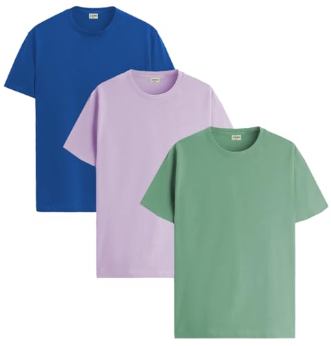 ADRO Men's Solid Regular Fit T-Shirt (RCM3-PLN-PU-RB-PT_Purple,Royal Blue,Pista
