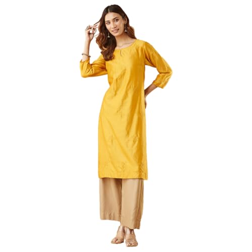 Fabindia Women'S Cotton Silk Solid Regular Fit Kurta (1038231Yellow_Yellow