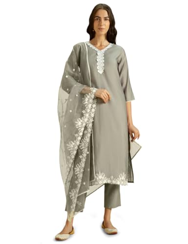 Kaari Roman Silk Womens Kurta Set (KAAAW24WSKD-78860_Ghazal Grey