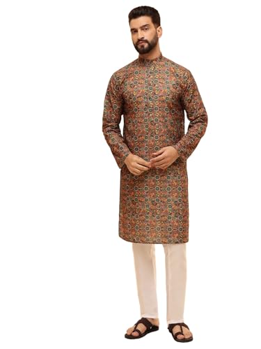 Sojanya (Since 1958 MenS Cotton Linen Kalamkari Printed Multi & Green Kurta With White Pyjama