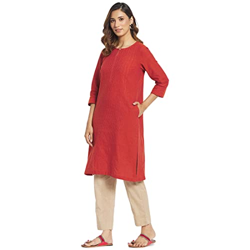 Fabindia Women Straight Style Edium Kurta Cotton_Red