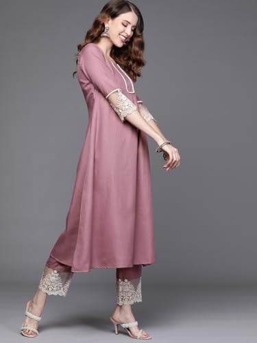 Alvami Women Emboridered Anarkali Kurta and Pant Set with Dupatta (XL) Pink
