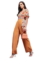 Miss Chase WomenS V Neck Puff Sleeve Floral Patterned Wrap Regular Jumpsuit (Mcss25D93-81-300-04, Multicolored Base Dusty Orang