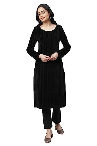 Aurelia Women Black Cotton Blend Geometric Yarn Dyed Straight Kurta_22Noa13720-703652_S