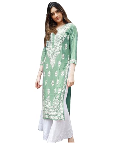 ANNI DESIGNER Womens Rayon Blend Straight Chikankari Embroidered Kurta (Victoria Green_L_White_Large)