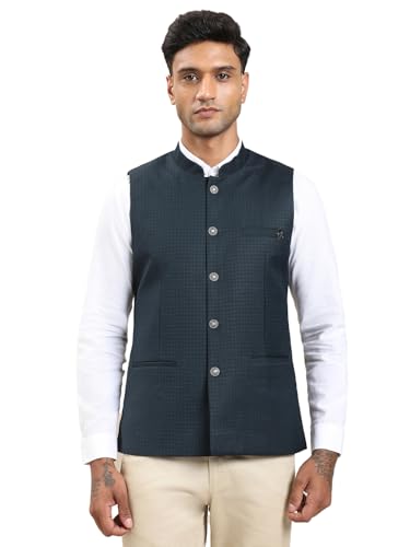 Turtle Men Polyviscose Self Design Slim Fit Blue Nehru Jacket