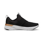 PUMA Women's Softride Harli Slip On Training Shoes, Black-White-Gold, 7.5