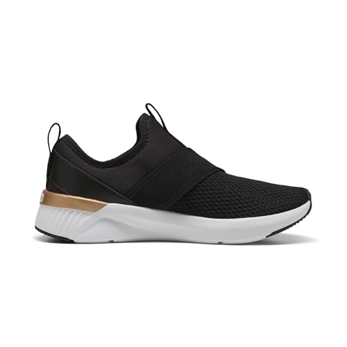 PUMA Women's Softride Harli Slip On Training Shoes, Black-White-Gold, 7.5