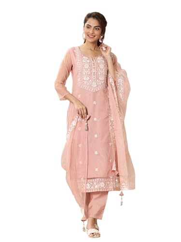 Libas Peach Embroidered Organza Straight Kurta Set For Women (99411Rxxl)