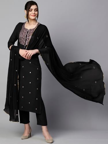 ANNI DESIGNER Womens Cotton Blend Embroidered Straight Kurta with Pant & Dupatta (KASTURI Black-APL_5XL_Black_XXXXX-Large)