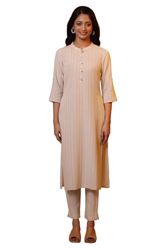 Aurelia Women'S Cotton Blend Striped Regular Kurta (24Fea14999_Beige