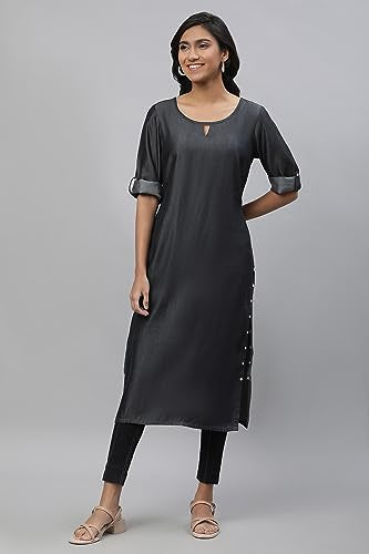 Aurelia Women'S Black Solid Yarn Dyed Tencil Denim Straight Kurta