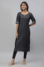 Aurelia Women'S Black Solid Yarn Dyed Tencil Denim Straight Kurta