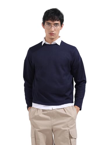 The Indian Garage Co Mens Boxy Textured Full Sleeves Crew Neck T-Shirt