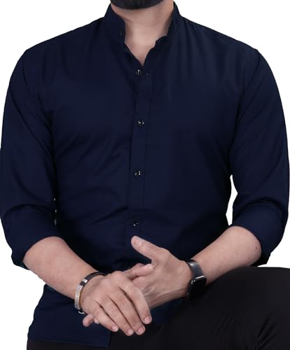 Rebelify MenS Cotton Blend Blue Regular Fit And Button Down Long Sleeve Mandarian Neck Chinese Collard S To Xl Size Shirt. (Pc 