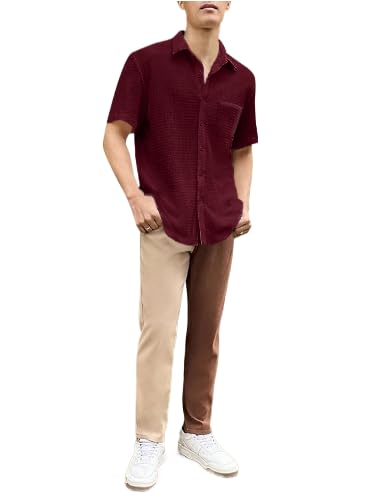 Pinkmint Mens Popcorn Shirt Half Sleeve Spread Collar Shirt for Goa Wear, Beah Wear, Summer (Pack of 1) Red