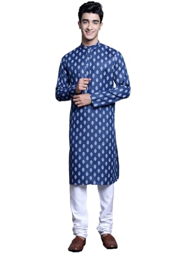 Jompers MenS Cotton Floral Printed Kurta Pyjama Set (Navy, L)