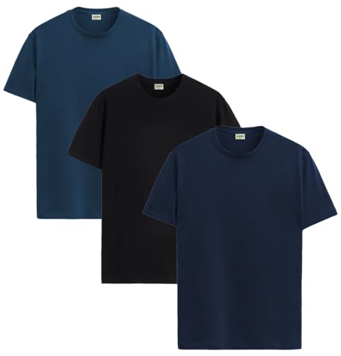 ADRO Men's Solid Regular Fit T-Shirt (RCM3-PLN-BL-NB-SB_Black,Navy,Teal