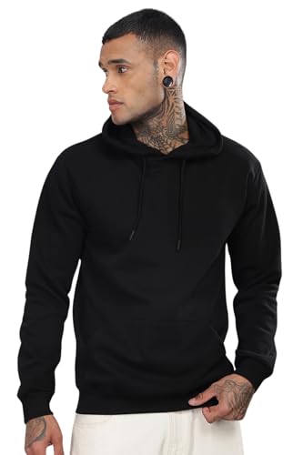 ADRO Men's Cotton Neck Hooded Sweatshirt (H24-M-PLN-BL_Black