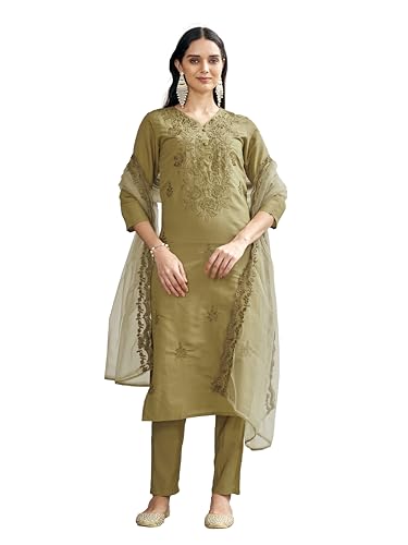 Womanista Women'S Golden Color Silk Blend Tonal Embroidered Kurta Set(Kurtaset_1367_L)