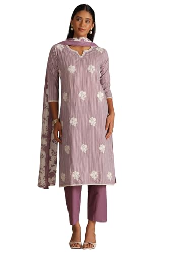 Soch Women Pure Cotton Striped Suit Set with Thread Work