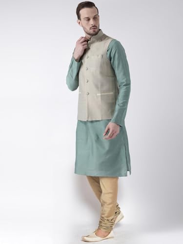 Kisah Men Green Kurta With Churidar Jacket, Full Sleaves, Knee Length, Straight, Regular Fit, Mandarin Collar Ethnic Wear