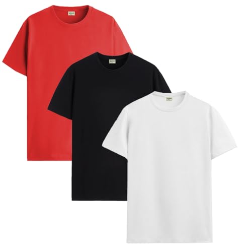 ADRO Men's Solid Regular Fit T-Shirt (RCM3-PLN-RD-BL-WH_Red,Black,White