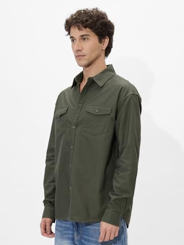 The Souled Store Solids: Olive Green Men And Boys Long Sleeves Collared Neck Button Front Regular Fit Cotton Utility Shirts