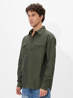 The Souled Store Solids: Olive Green Men And Boys Long Sleeves Collared Neck Button Front Regular Fit Cotton Utility Shirts