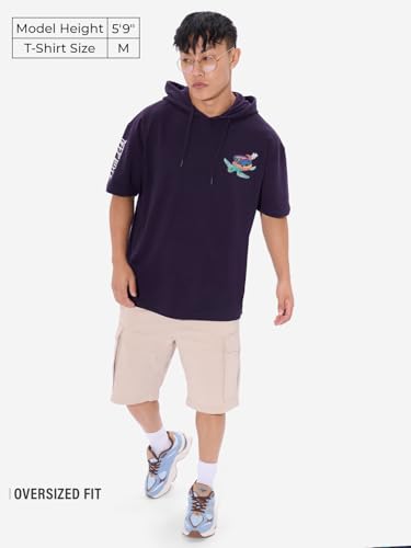 The Souled Store Deep Diver Ii Men And Boys Short Sleeves Purple Graphic Printed Cotton Oversized Hooded T-Shirts