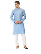 See Designs MenS Long Sleeve Mandarin Collar Turquoise Blue Sequins Embroidered Chanderi Silk Straight Kurta With Pyjama - Sdkt