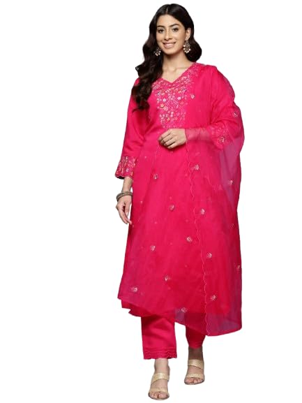 Varanga Women'S Fuchsia Thread Embroidered Organza Detailed Kurta With Bottom And Dupatta