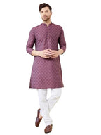 See Designs Men Long Sleeve Side Slit Mandarin Collar Purple Ethnic Motifs Silk Jacquard Woven Design Straight Kurta - Bnrskt715